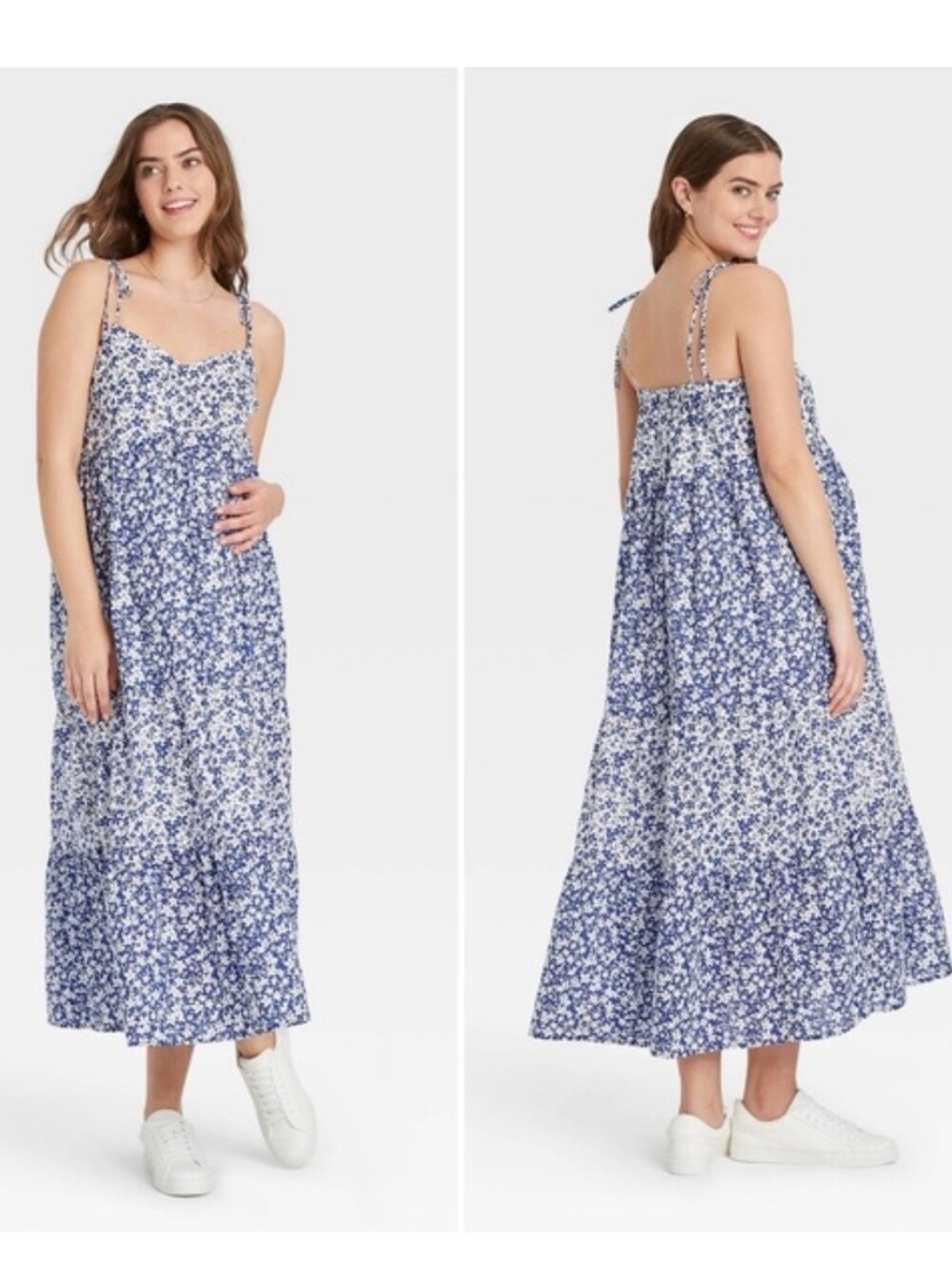 The Nines by Hatch Blue Floral Sleeveless Tiered Maternity Maxi Dress Size Large